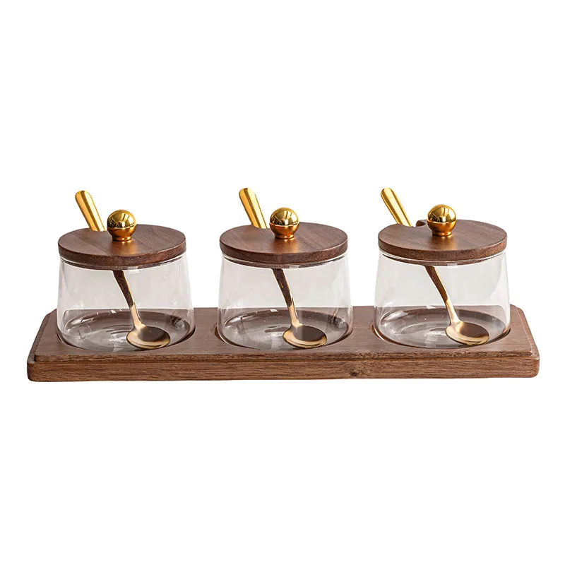 New Glass Seasoning Box with Wooden Lid and Spoon Retro Acacia Wooden Pallet Kitchen Seasoning Jar Exquisite Kitchen Supplies
