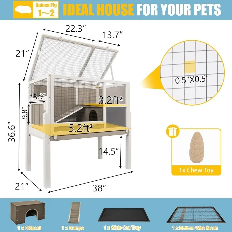 Indoor guinea pig cage, wooden guinea pig cage with stand, small animal cage habitat with leak-proof pull-out tray