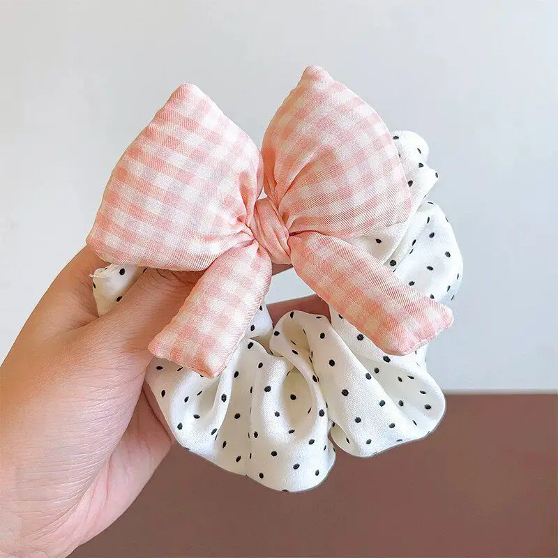 Niedliches kariertes Haarband mit Schleife und Punkten für Mädchen und Kinder, süßes Haarschmuckstück, Scrunchie, Haargummi, Haarring, Haar-Accessoires – Detail 7