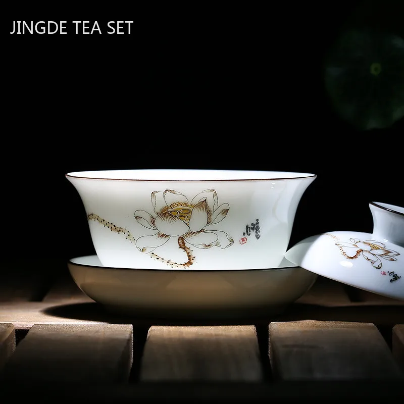 Chinese Hand Painted Tea Bowl High Quality White Porcelain Gaiwan Portable Ceramic Tea Set Tea Ceremony Accessories 150ml