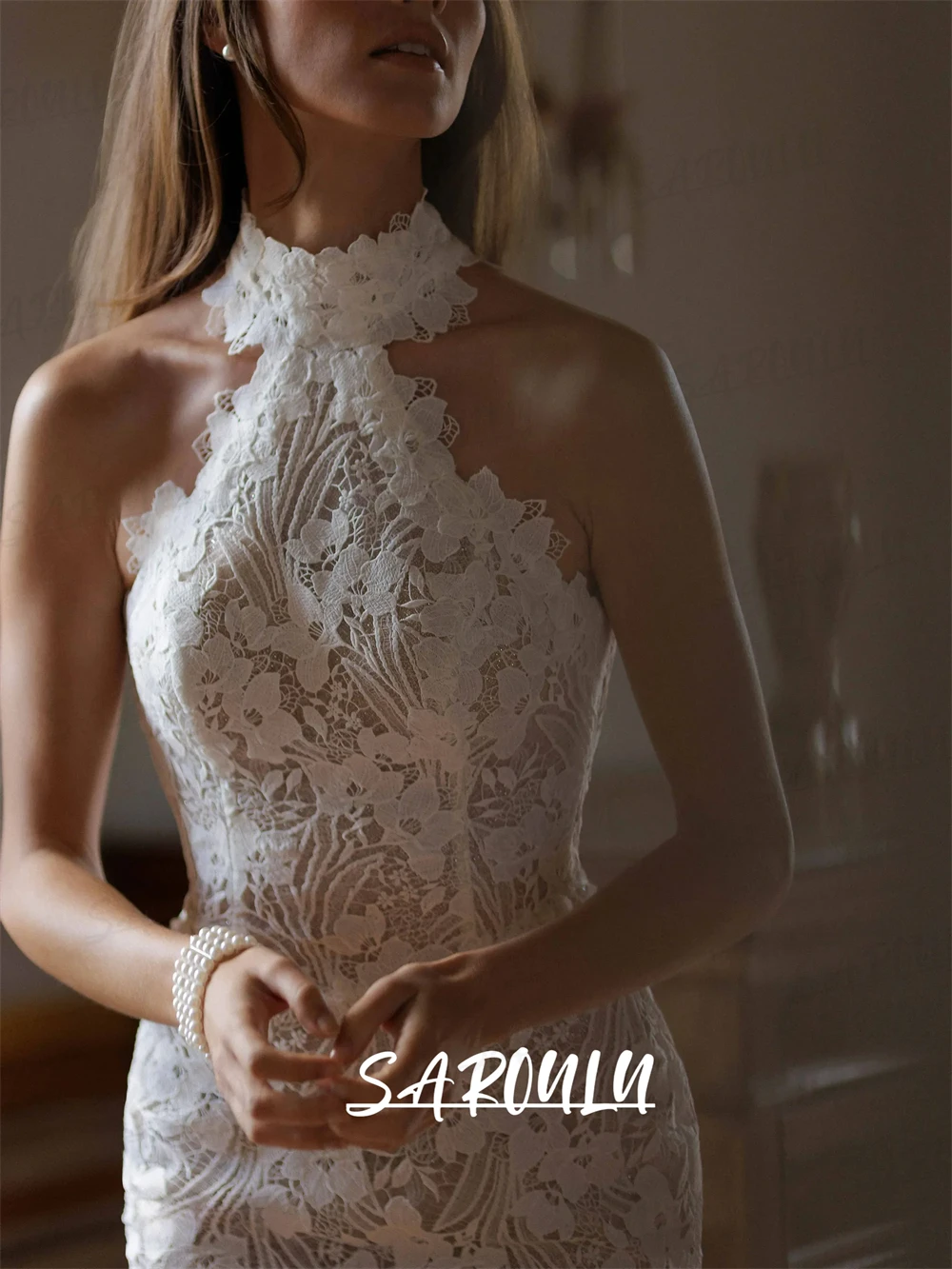 

Romantic Lace Wedding Dress for Women 2025 Halter Neck Sleevess Long Bride Dresses Custoimized Plus Size Mermaid Bridal Gown