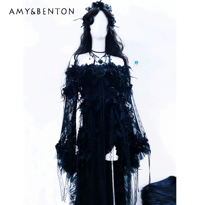 

Original Design Gothic Lace Off-Shoulder Tube Top Long Dress Punk Retro Autumn Halloween Dark Waist Cincher Long Dresses Ladies