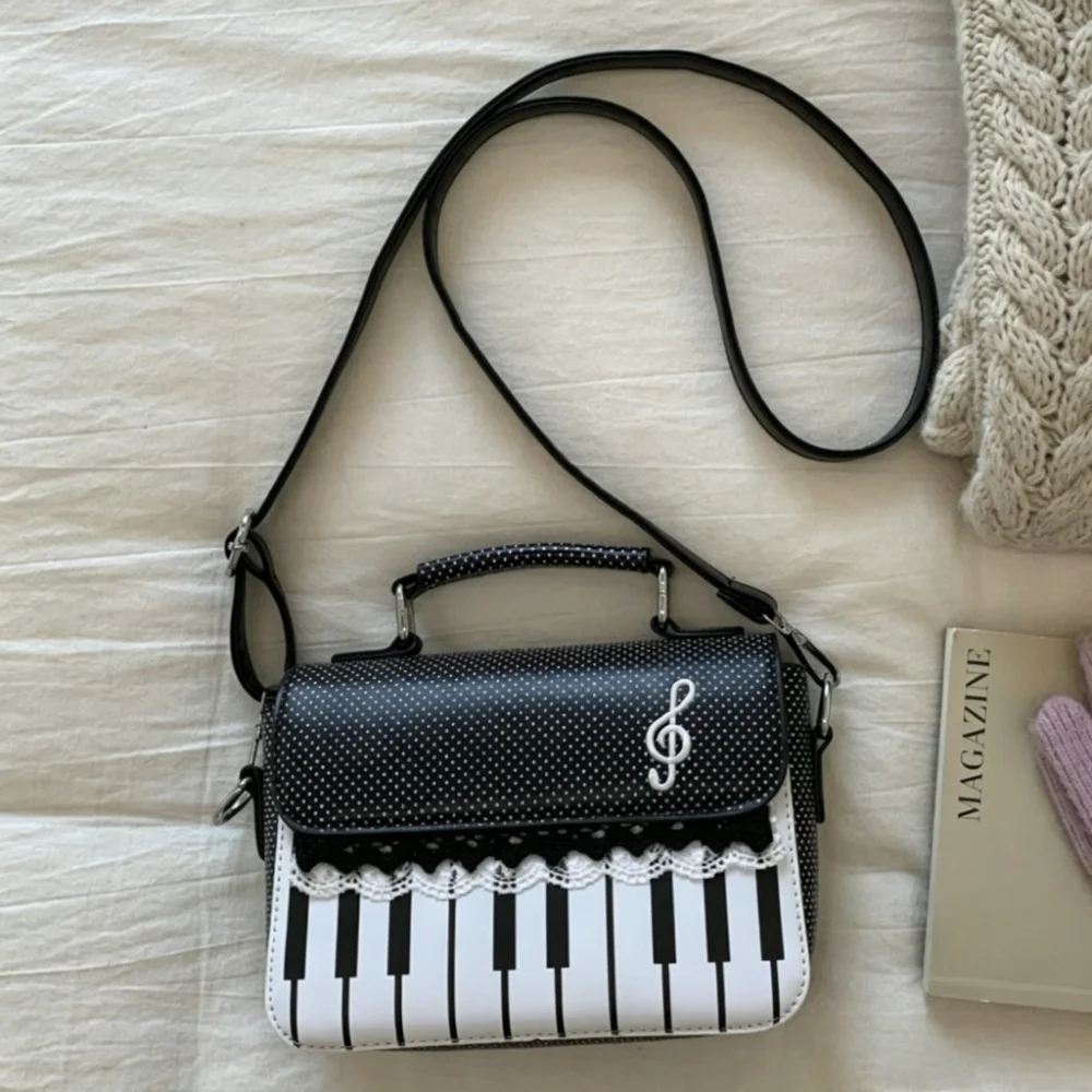 PU Leather Piano Note Crossbody Bag Polka Dot Embroidered Square Shoulder Bag Flip Zipper Contrast Color Handbag Travel