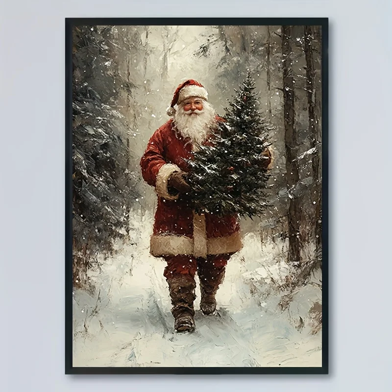 2D Flat, Product Image: 1pc Pack, 2D Flat Vintage Santa Claus Canvas Wall Art, Rustic Christmas Scene, Santa Claus Carrying a
