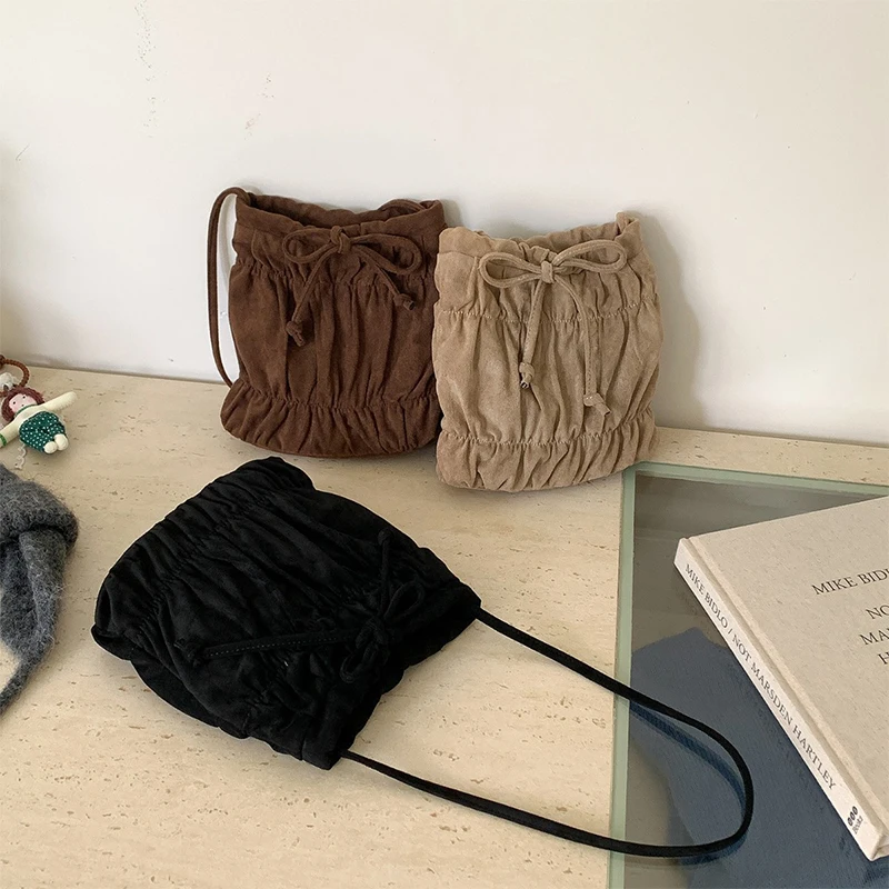 

Korean Bow Drawstring Pleated Shoulder Bag,Fall Winter Vintage Suede Women Designer Handbag,Commuter Everyday Small Square Purse