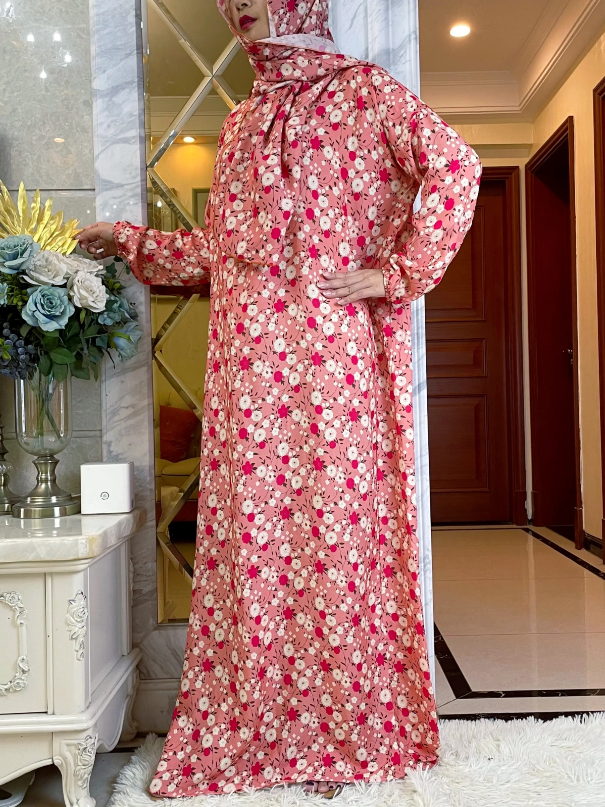 2023Muslim Rayon Cotton Abayas Women Ramadan Prayer Dubai Turkey Middle East Femme Robe Floral Loose African Dress Turban Joint