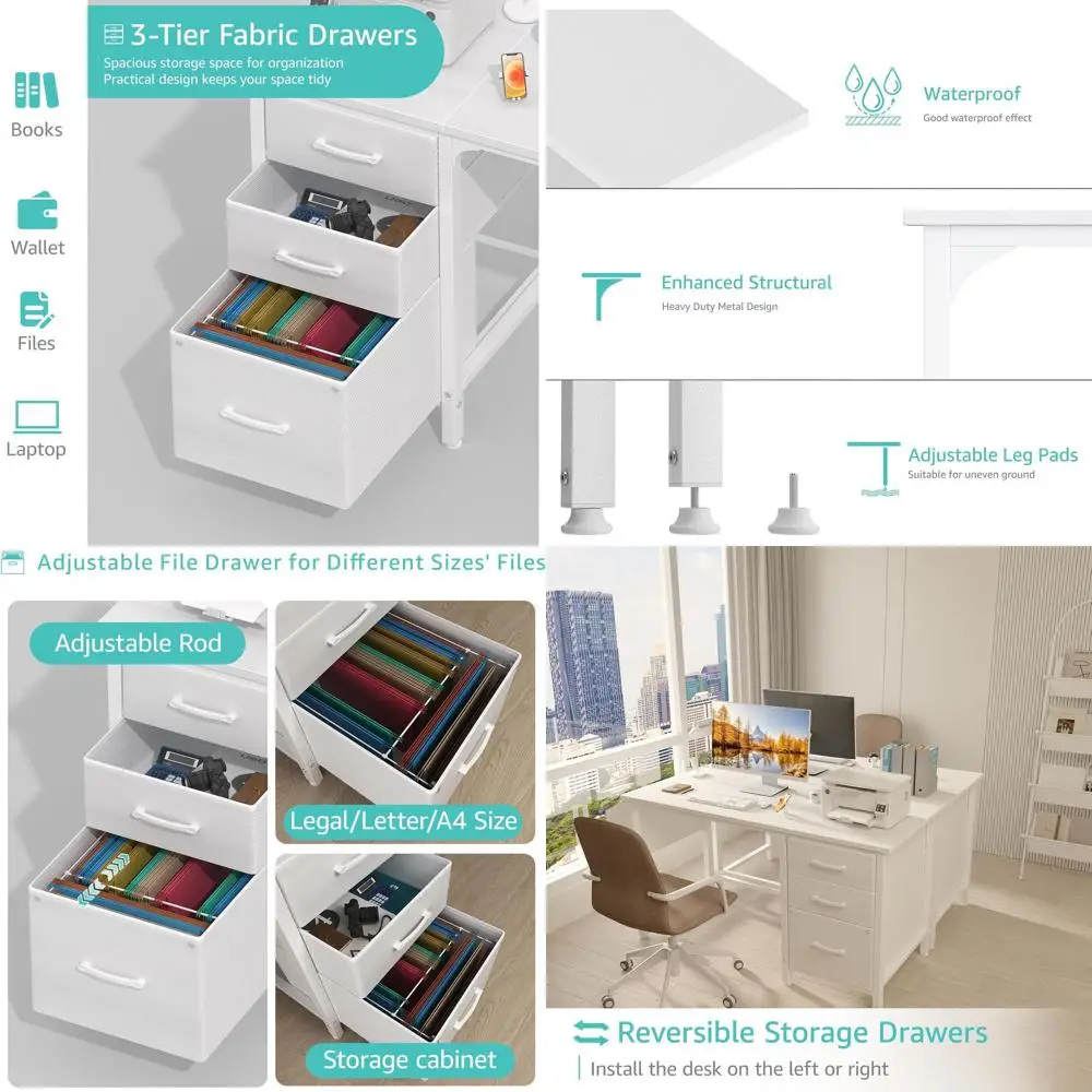 

47 Modern White Computer Desk with Fabric File Drawers for Small Home Office and Bedroom