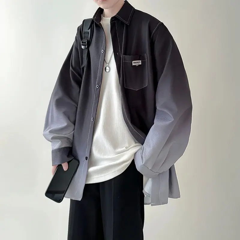 Men's Gradient Plicated Long Sleeve Loose Fitting  Shirt Korean Style Autumn Thickened Fleece Nine Points Sleeve