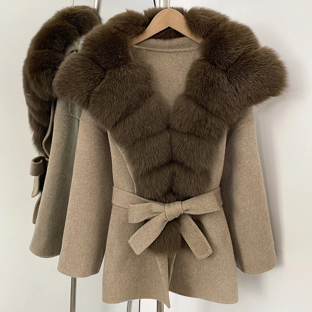 

Reality Fur Jacket 2025 New Winter Autumn Coats Wool Coat Women Luxury Real Fox Fur Collar Ladies Elegant Belt Design Outwear