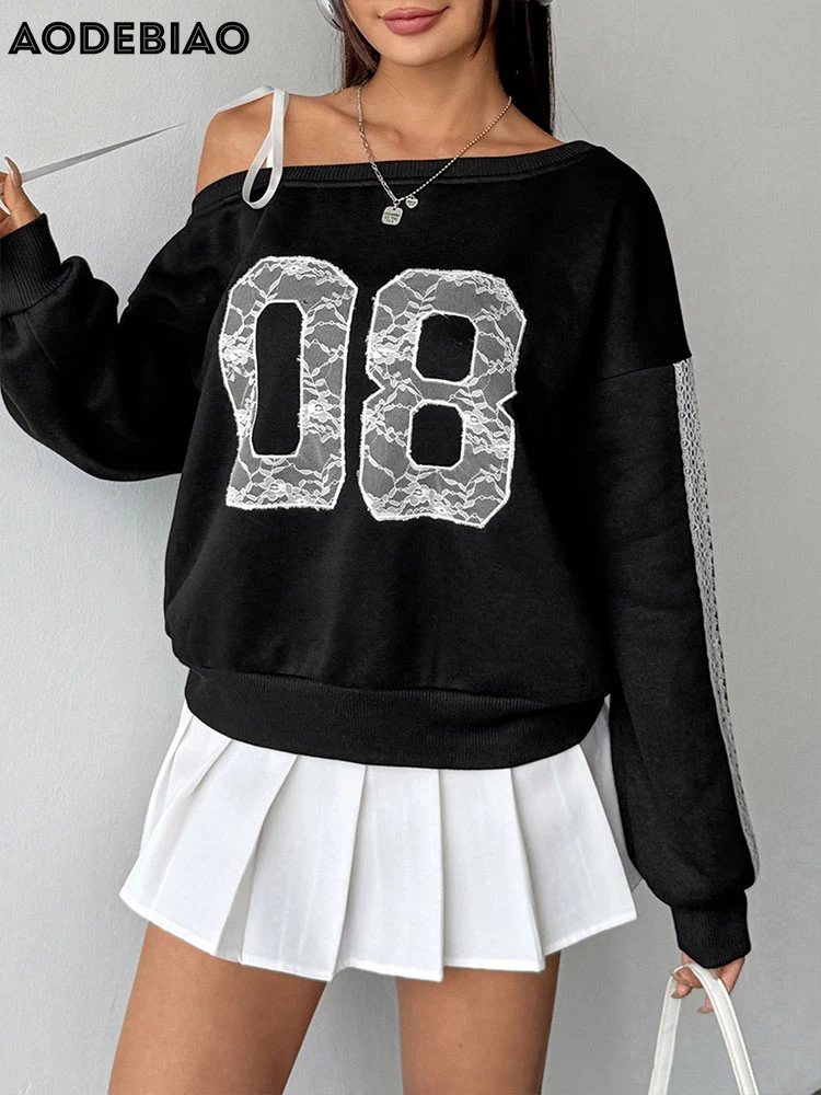 AODEBIAO Black Hoodie Women Autumn Winter Long Sleeves Fashion Print Hoodie Sexy Off-shoulder Casual Hoodie Women New Streetwear