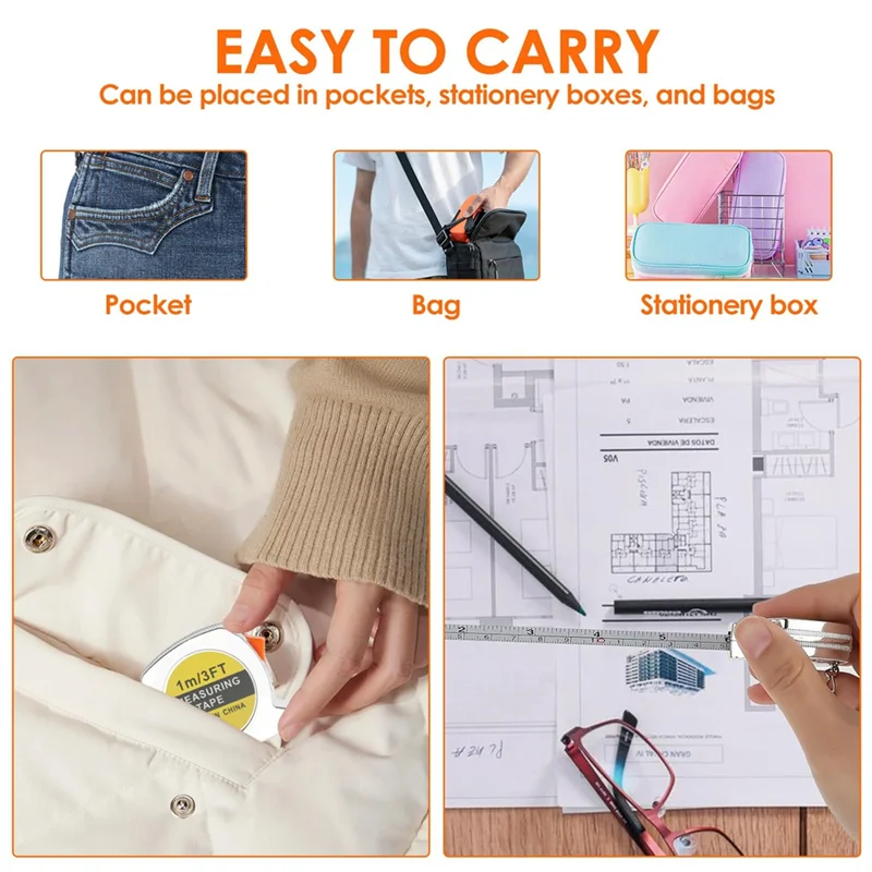 -A90P 15 Pcs Mini Tape Measure, Retractable Keychain Tape Measurement 1 M/3 FT Inch/Metric Scale Small Flexible Measuring Tape