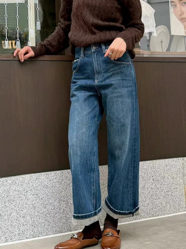 

Джинсы женские прямые из выцветшего денима, укороченные (до щиколотки), осенне-зимняя новинка, хлопок, на пуговицах, с завышенной талией