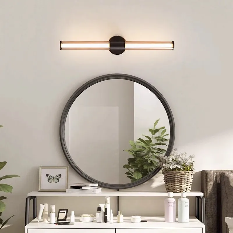 Lámpara de pared minimalista de vidrio de cobre completo, luz de espejo LED de pared de tira larga Retro creativa para dormitorio y cama, sala de