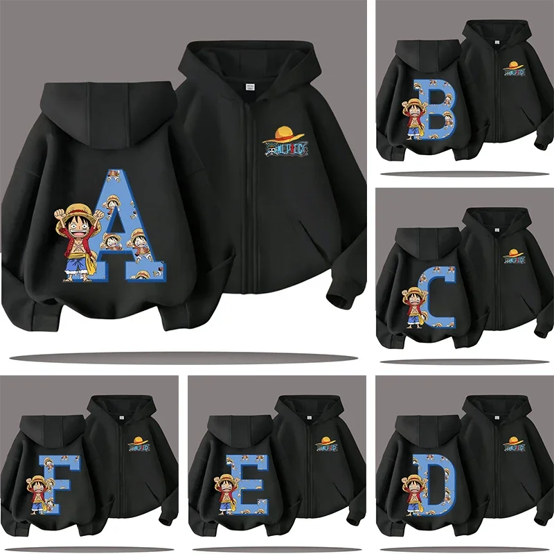 

New model letter A-Z "One Piece" children's zipper hooded sweatshirt with cartoon print, boys' sport shirt or girls' casual top