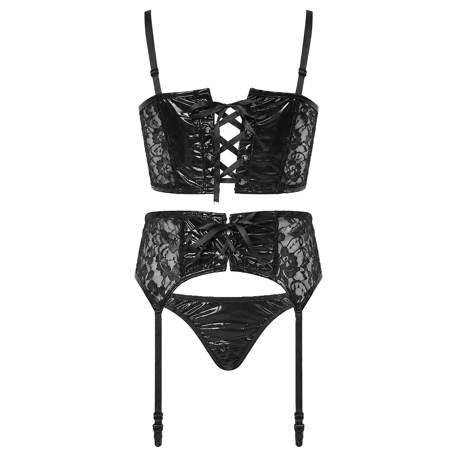 Damen-Bikini-Set aus PU-Leder mit Spitze und Patchwork-Design, bestehend aus einem kurzen Oberteil und einem passenden Höschen mit Strumpfband, ideal für Bühnenauftritte und Partys, zweiteiliges Badeoutfit. – Detail 9