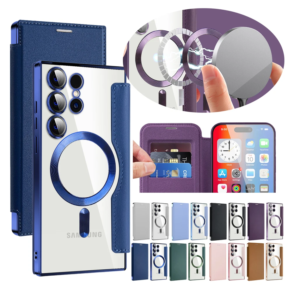 Flip Case For Samsung Galaxy S25 S22 S23 S24 Ultra Plus S23 FE S25U Magnetic Wireless Charging Shell PU Leather Card Clip Cover