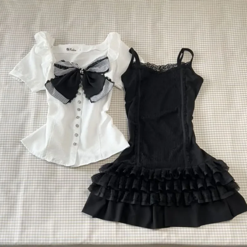 Punk Y2k Retro Skirt Suit Women Sexy Sling Mini Hotsweet Girl Dress Short Sleeve Shirt Summer Crop Top Gothic Aesthetic Bow Top