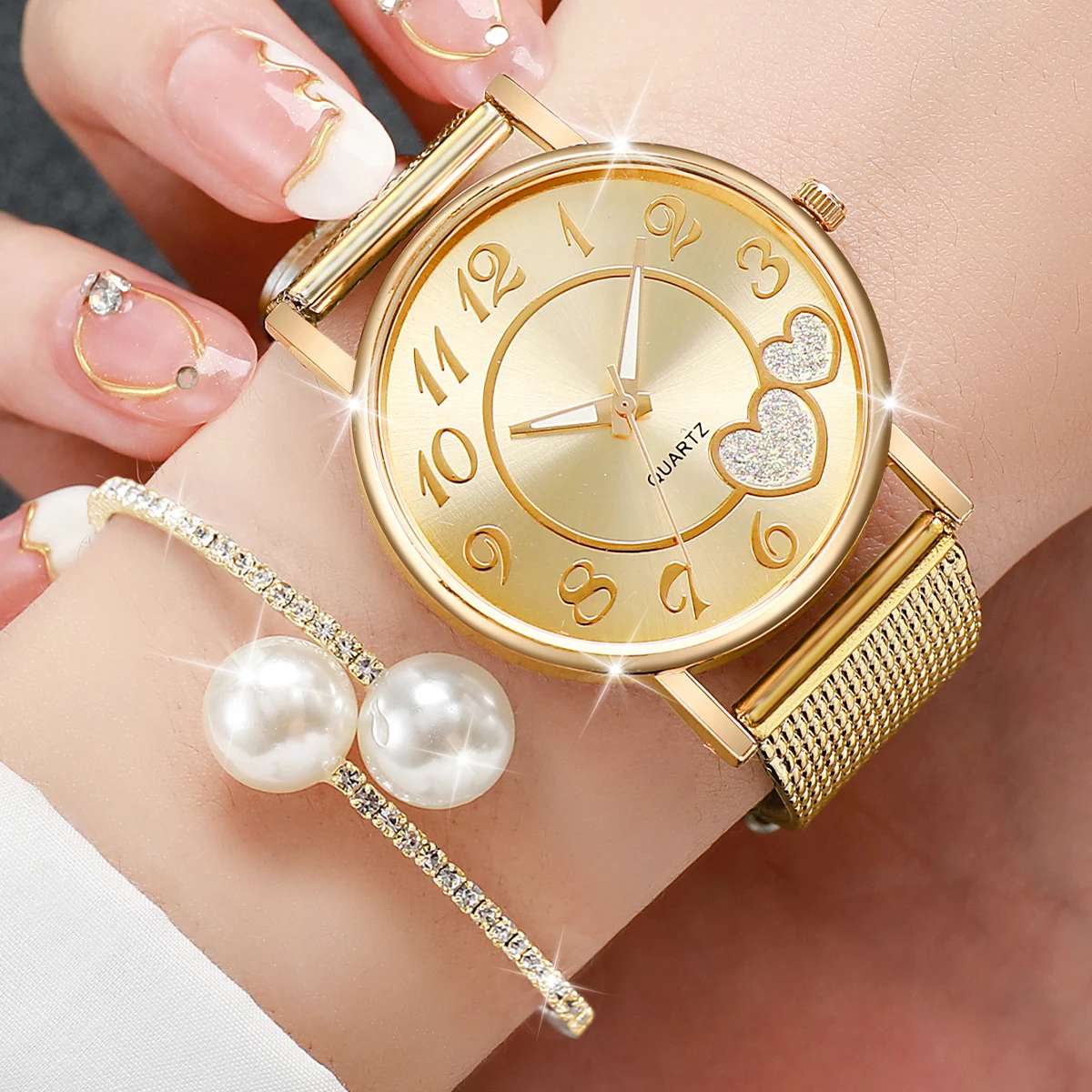 2PCS/Set Fashion Heart Women\'s Watch Plastic Band Analog Golden Quartz Watches Pearls Bracelet Bangles Set (Without Box)