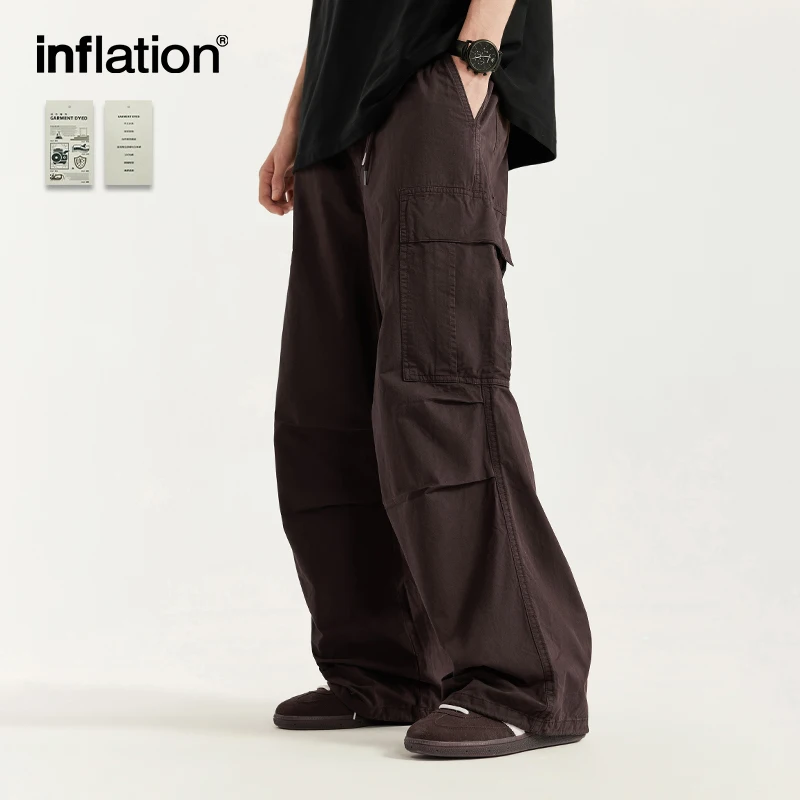 INFLATION Minimalism Washed Wide Leg Cargo Pants for Men 2024 Trendy Multi Pockets Casual Trousers