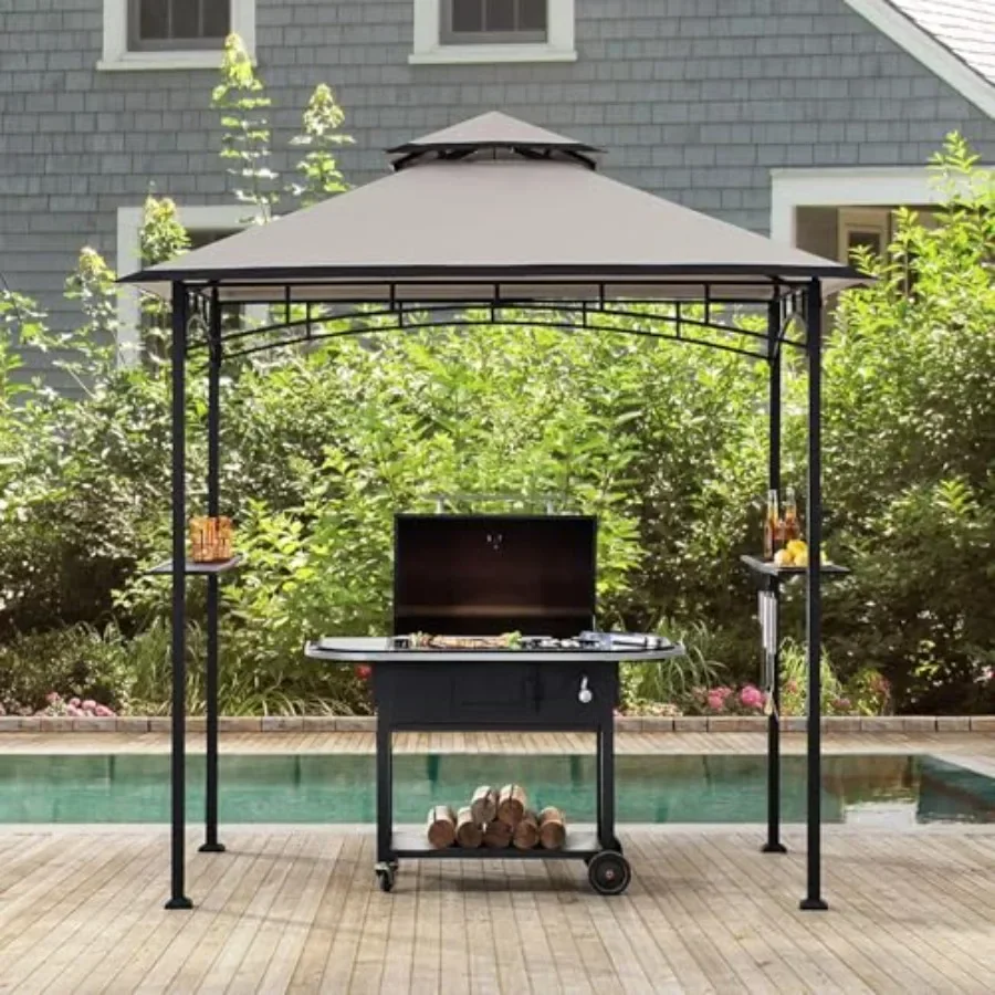 8 x 5 Feet Black Steel Fe Double Tie  Grill Gazebo for Outdoor Patio Garden and Backyard Activities Black