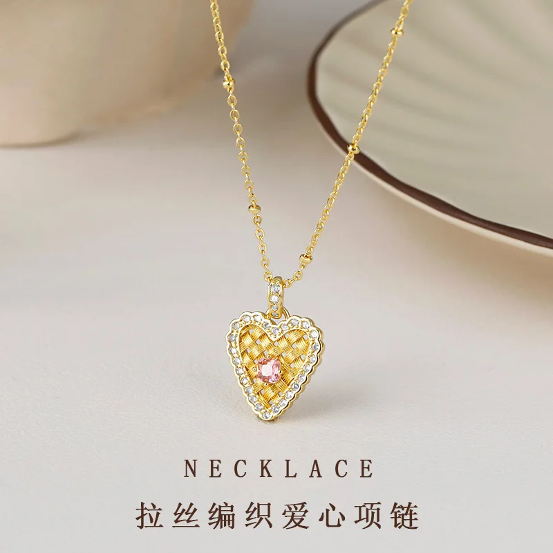 2024 Xiaoxiangfeng Diamond Inlaid Brushed Weaving Love Pendant Necklace for Women, Stacked Neck Chain