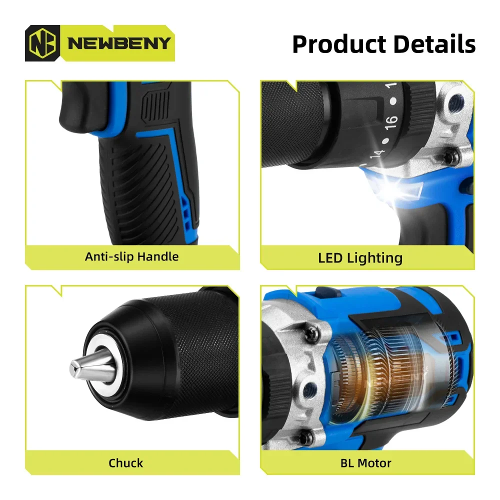 NEWBENY 500Nm 13MM Brushless Electric Drill 20+3 Torque Cordless Electric Screwdriver Power Tools For Makita 18v Battery