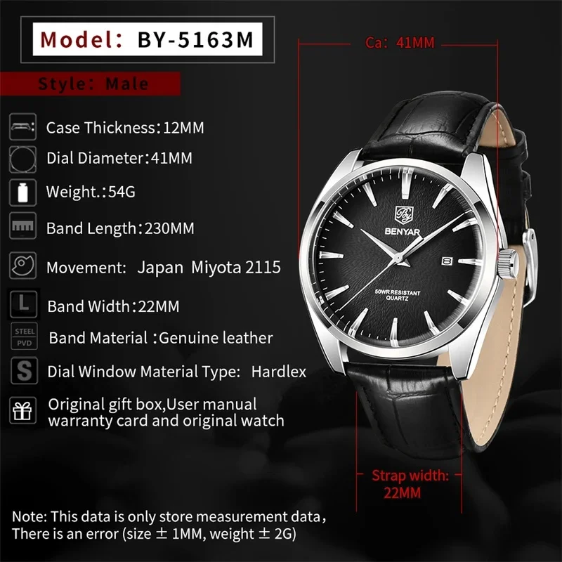 Benyar 5163 Men's Quartz Watch, Luxury Military Style Wrist Watch, Simple Dial Waterproof Leather Band Men Wristwatch Reloj Homb