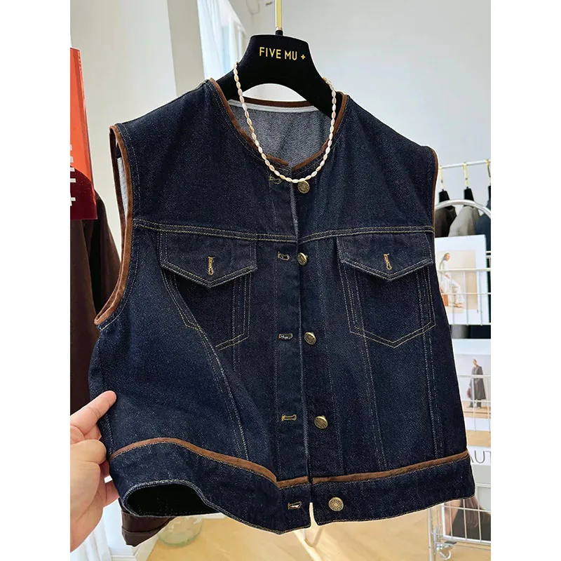 

Women's Cowboy Vest Jacket 2026 Summer Sleeveless Advanced Ladies Horse Clip Design Sense Elegant Female Denim Waistcoat Tops