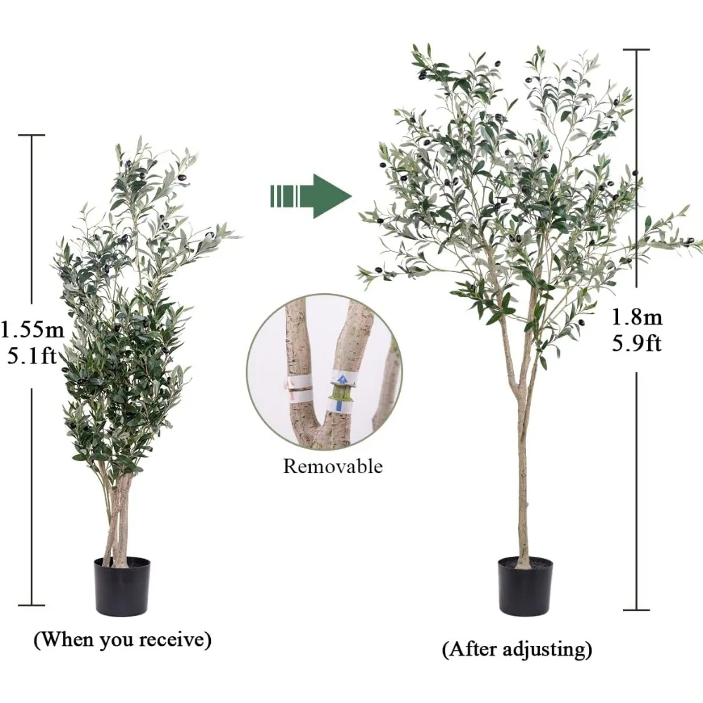 2 PCs 6 ft Artificial Olive Trees Faux Olive Tall Tree in Potted Oliver Branch Leaves and Fruits for Modern Home Decor Indoor