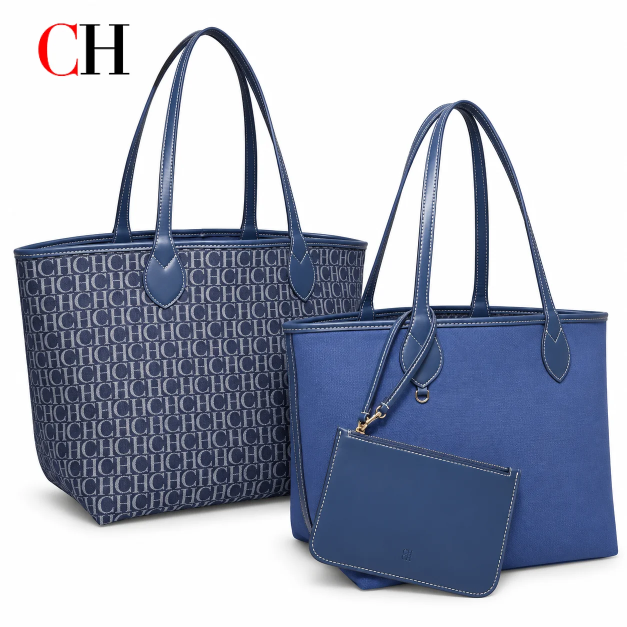 CH Women 2 in 1 Reversible Tote Bag Double-Sided Monogram and Solid Color Shoulder Handbag Large Capacity Shopper Bag with Pouch