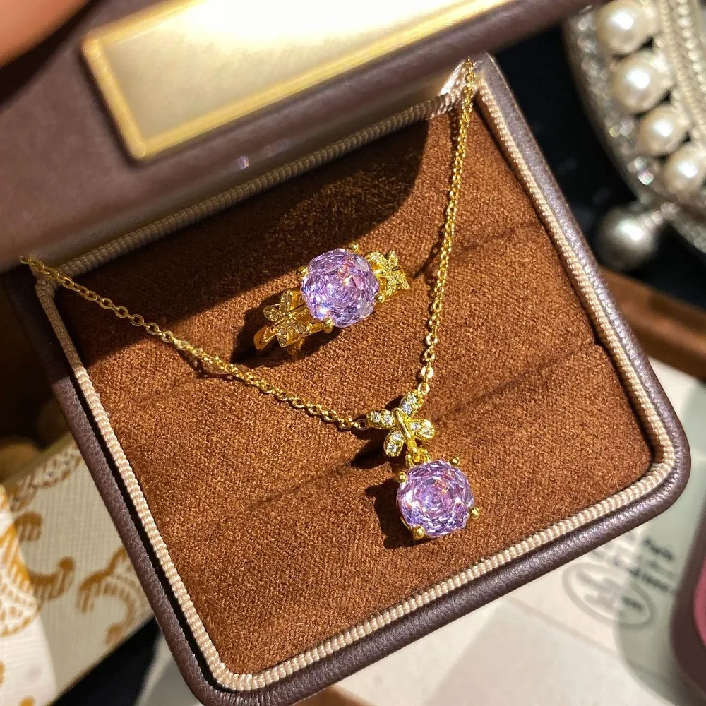 925 Sterling Silver Gold Butterfly Flower Rose Cut High Carbon Diamond Ring Necklace Two-piece Elegant Fashion Jewelry Set