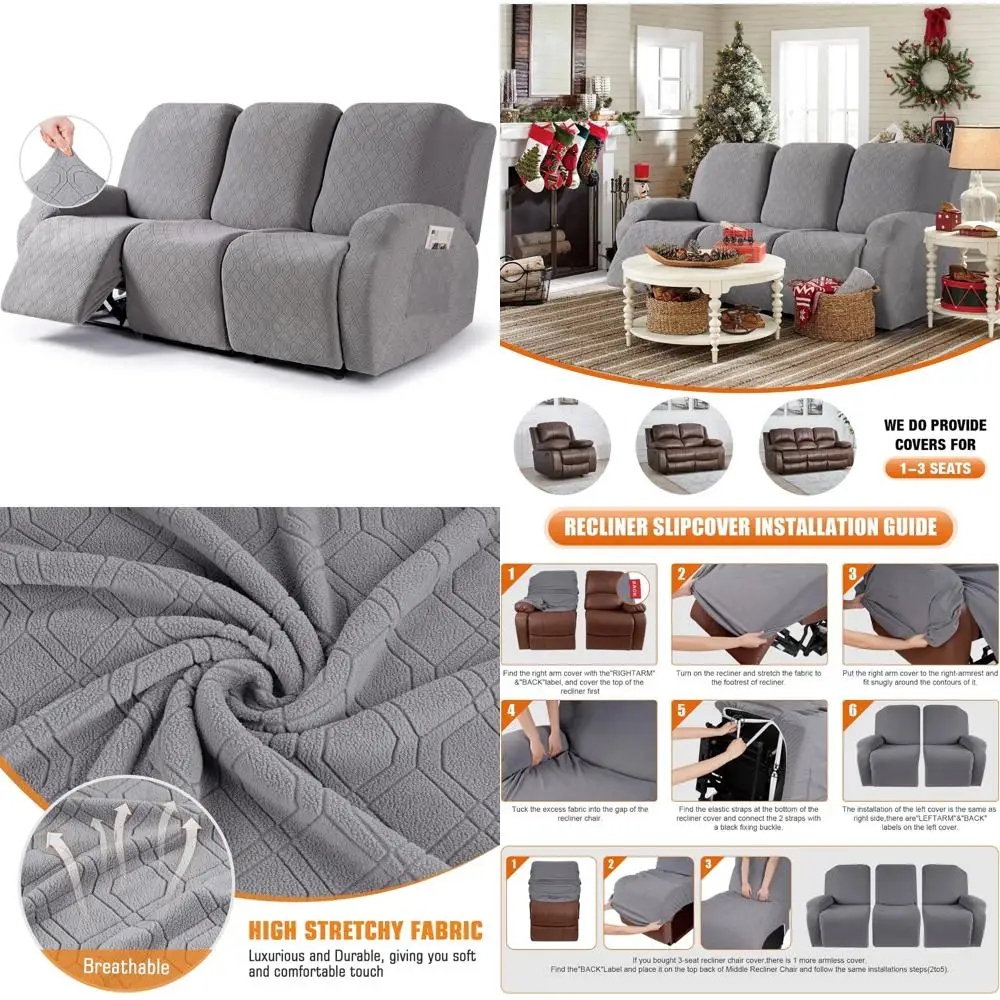 

3-Piece Stretch Reclining Couch Cover Set with Pockets, Washable Sofa Slipcovers for 3 Seater, Soft and Comfortable Recliner Pro