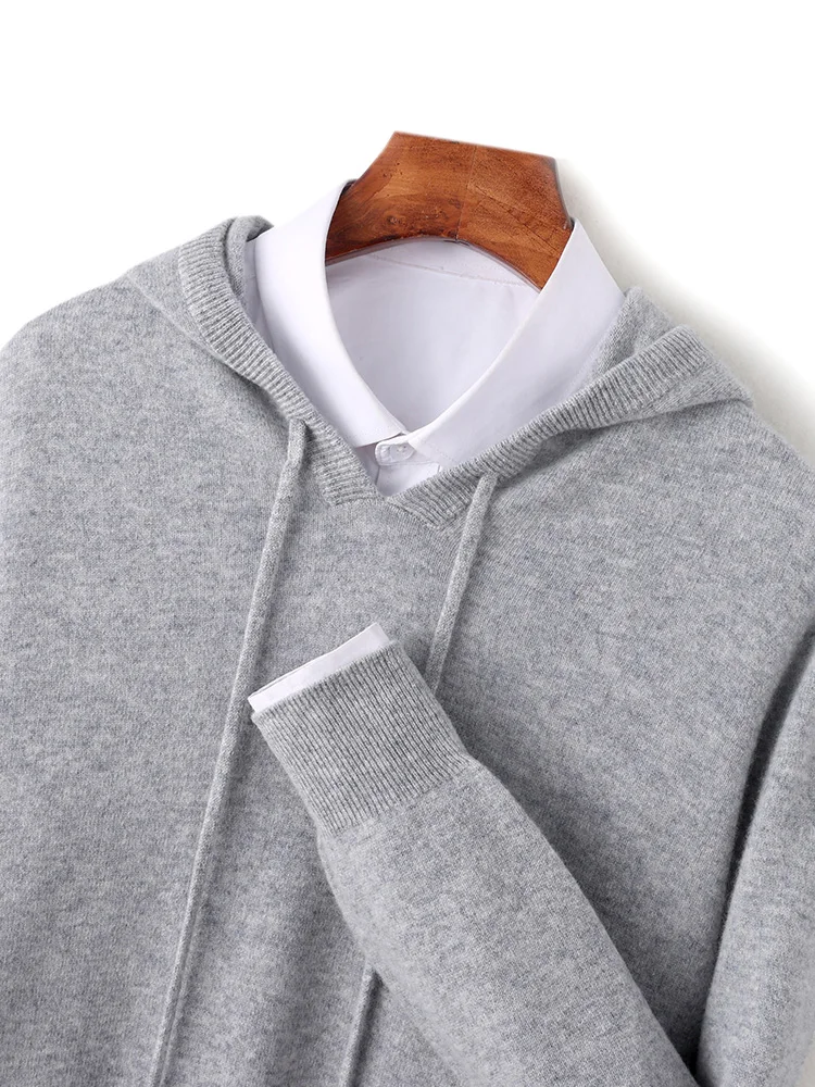 Men's 100% Wool Hooded Collar Knitted Pullover Autumn Winter New Cashmere Sweater Casual long Sleeved Hoodie Tops