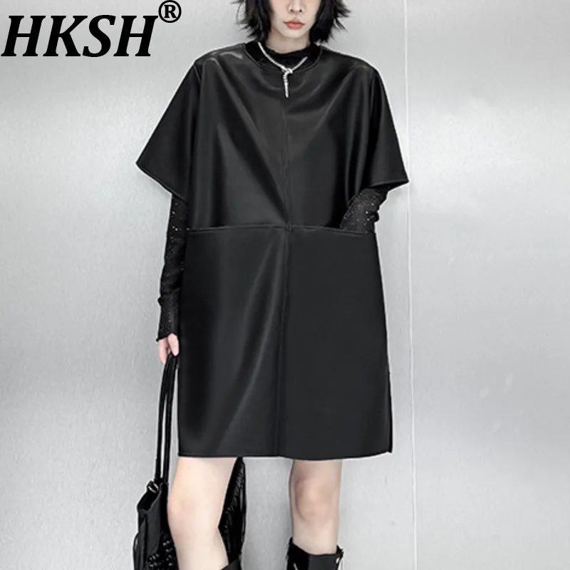 

HKSH Новое осеннее женское платье с круглым вырезом и коротким рукавом, карманом из искусственной кожи, однотонное универсальное уличное платье в стиле темного панка, HK12281