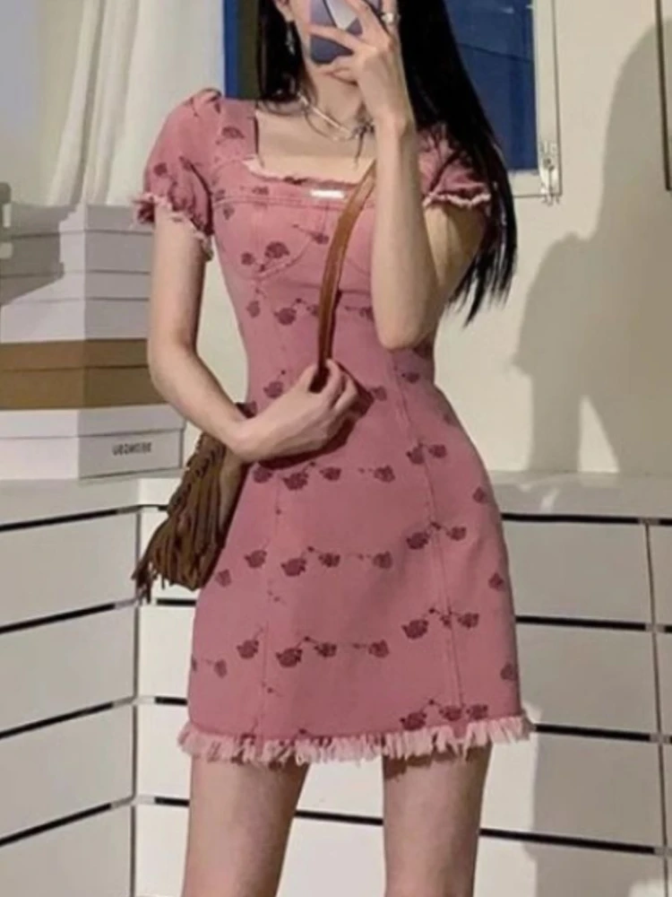 

Женское мини-платье в Корейском стиле, летнее розовое платье с милым модным принтом, элегантное винтажное джинсовое вечернее платье, модель 2024 года