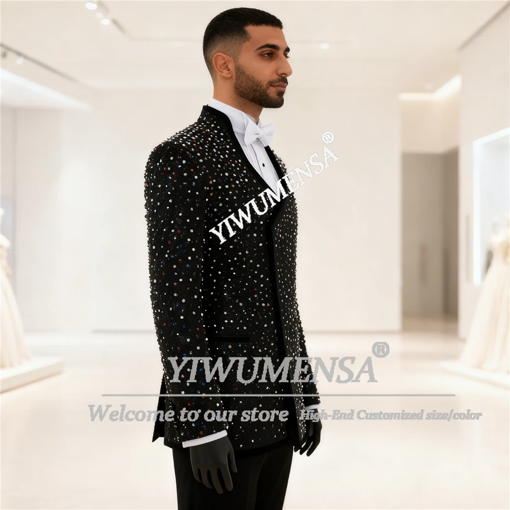 

Мужской костюм с блестящими камнями и бисером, наряд для свадьбы, куртка и брюки, комплект из 2 предметов, индивидуальные смокинги для жениха, наряды