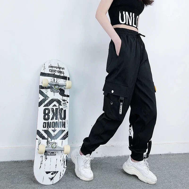 Streetwear Women Trousers Fashion High Waist Elastic Loose Black Cargo Pants Female Casual Baggy Bottoms New