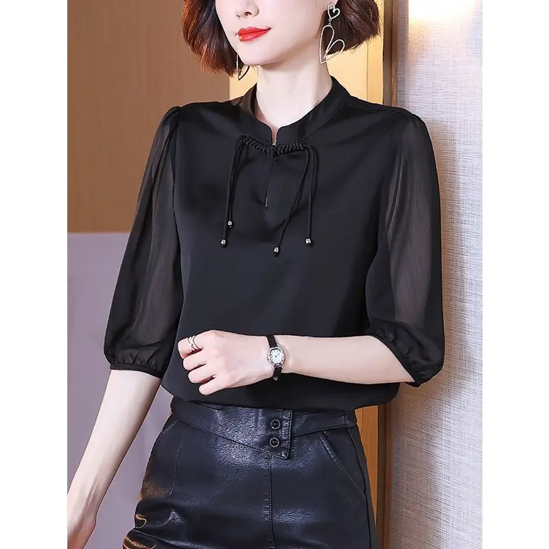 Vintage Lacing Half Sleeve Blouse Women Clothing Summer New Plus Size All-match Solid Loose Elegant Shirt Tops Fashion Casual