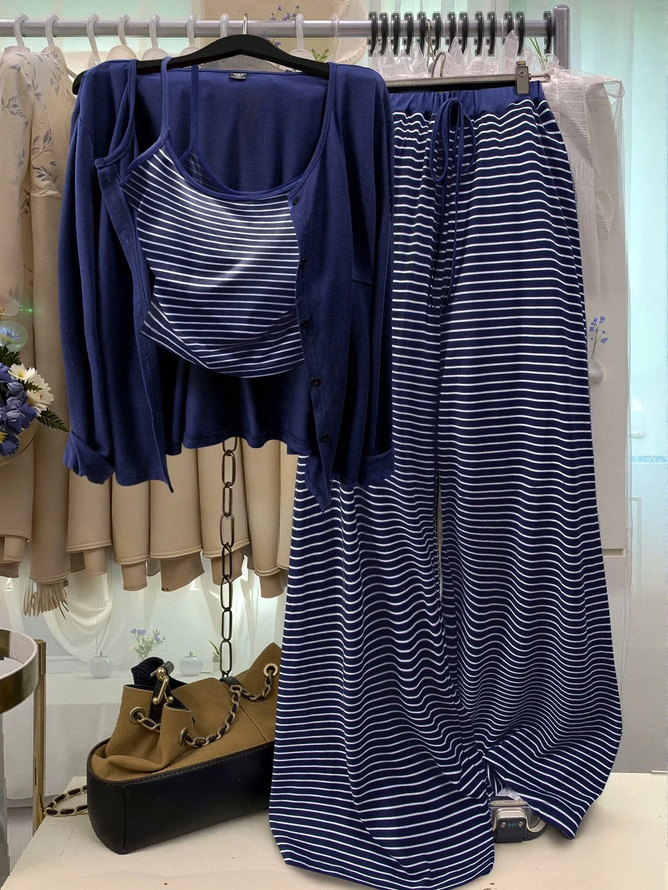

Plus Size Knit Cardigan With Striped Camisole Set Front Button Closure Casual Outerwear