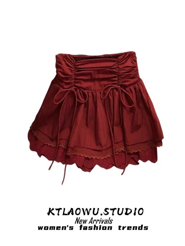 Gonna ort in pizzo bianco con fiocco elastico in vita da donna Sle Primavera Autunno Nuovo modello Gonna torta Vita alta rimbalzo Abbigliamento quotidiano