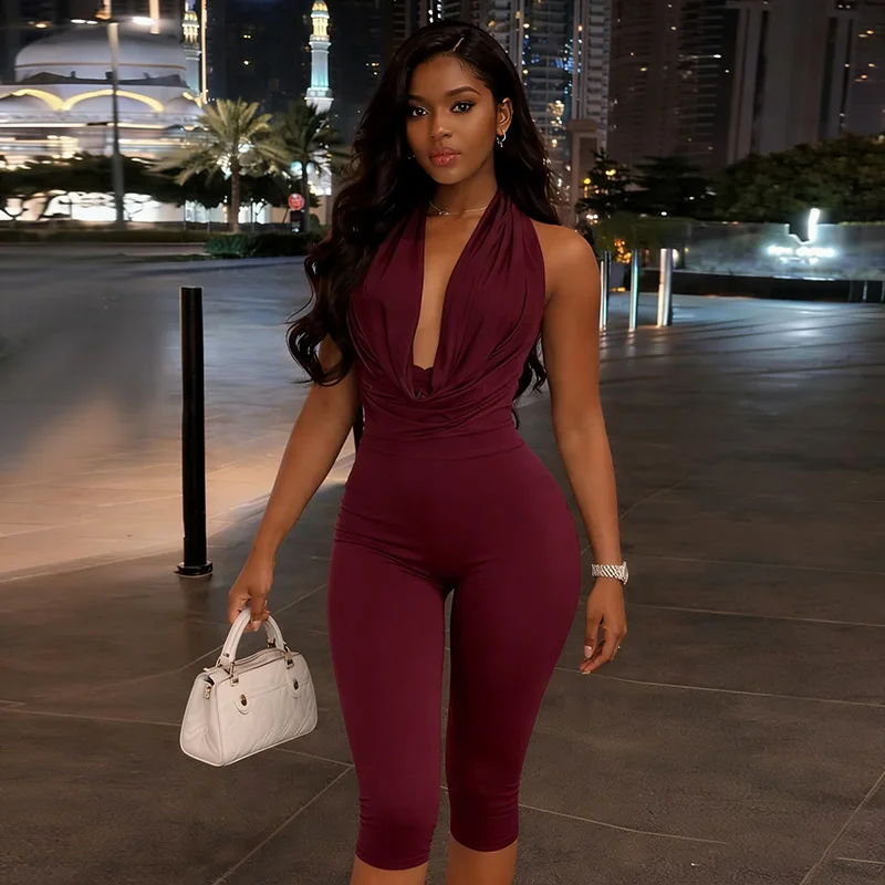 Women Fashion Solid Calf Length Skinny Jumpsuits Sexy Swinging Collar Halter Backless Peach Hip Slim Clubwear Party Overalls