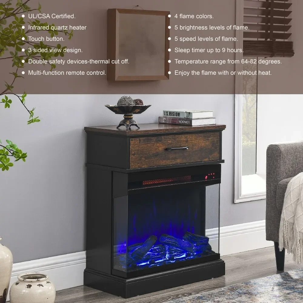 Electric Fireplace with 3-Sided Glass,End Table/Nightstand, Remote Control, Digital Display,1500W Heater, Electric Fireplace