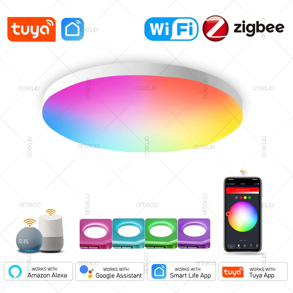 Zigbee-Plafonnier LED Intelligent avec Commande Vocale pour Chambre, Tuya, Wifi, 24W, RVB, Dimmable, Smartlife, Alexa, Google Home