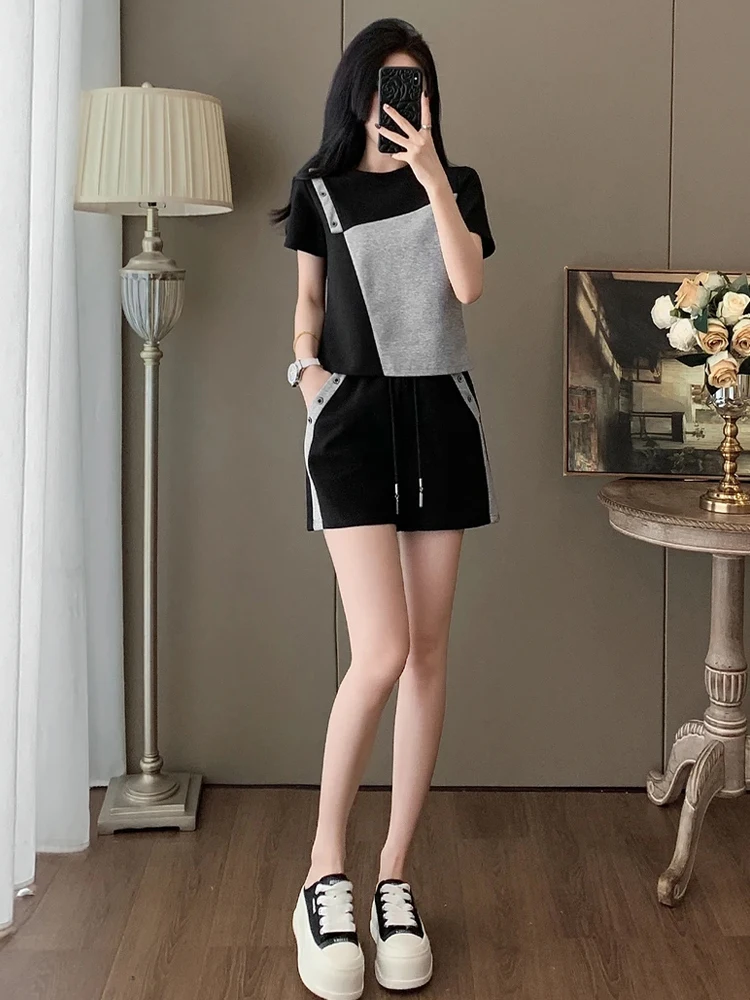 

Faionable Color Blo Sportswear Set Women's Summer Anti-Aging Lazy Sle ort Sve orts Two-Piece Set Breathable Cotton