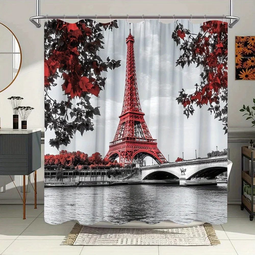

Занавеска для душа Париж Эйфелева башня — красная фильтрованная фотография, листовые ветки, осенние оттенки, водостойкий полиэстер
