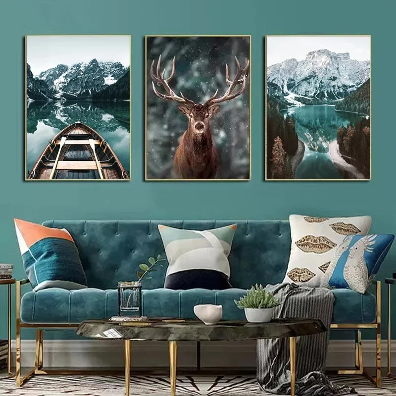 Nordic Landscape Boat Art Nature Forest Deer Animal Print Canvas Painting Mural Poster and Edition Lake View Home Decor