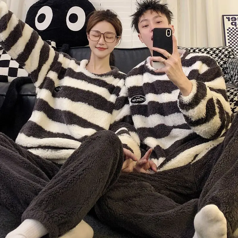 

2025 Winter Couple Long Sleeve Thick Warm Flannel Pajama Set For Men Casual Striped Sleepwear Pyjama Women Homewear Home Clothes