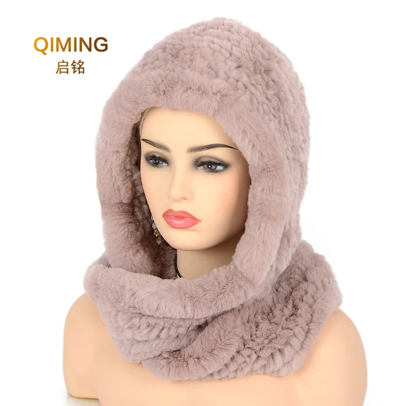 Hat Women New Knitted Real Rex Rabbit Fur Hat Hooded Scarf Winter hats for Woman Cap Warm Natural Fur Hat With Neck Scarves