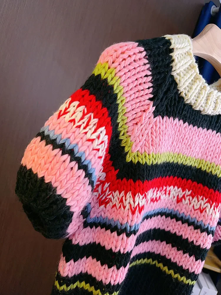 Multicolor Striped Handmade Jumper Sweet Rainbow Wool Blended Color Block Knit Tee Short Sweater Autumn/Winter Woman Knitwear