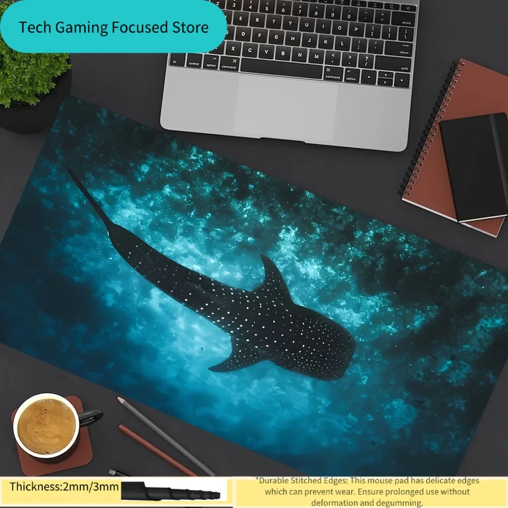 Whale Shark Ocean-Themed Large Mouse Pad with Anti-Slip Rubber Base, Washable, Suitable for Office and Gamers, Sewn Edge